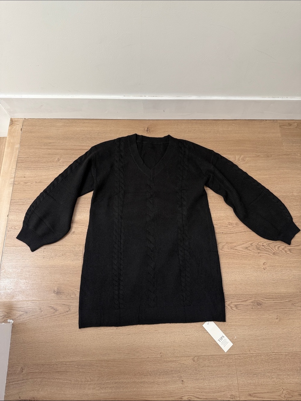 Black V-Neck Cable Knit Sweater Dress